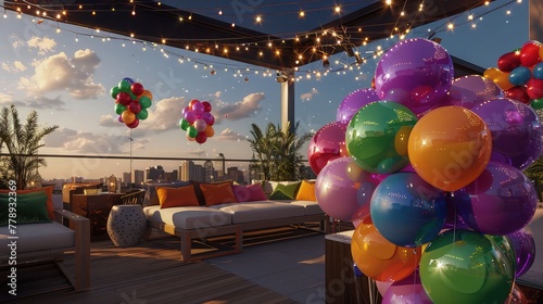 A backyard pavilion transformed into a magical party space, with balloons hanging from the ceiling and scattered across the floor, creating a playful atmosphere for a festival celebration.
