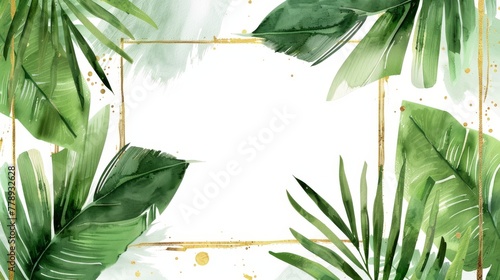 Abstract watercolor illustration with square frames, tropical palm leaves and golden brushstrokes isolated on white