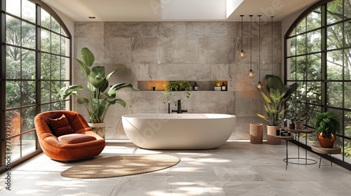  Bathroom features a spacious tub, comfortable chair, and numerous potted plants along the wall