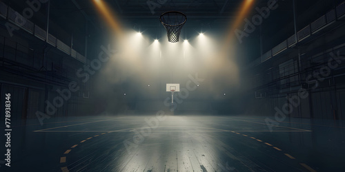 An empty basketball court is illuminated by spotlights, creating dramatic lighting effects. The scene depicts an empty basketball arena or stadium with spotlights, polished wood, and fan seats.