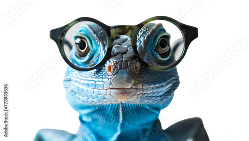  Blue chameleon with glasses, funny expression isolated on white background