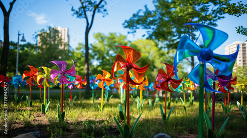 Colorful garden pinwheels in a park, joyful outdoor decoration concept.
