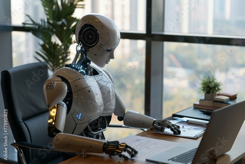 A.I. Artificial Intelligence replacing human at office work job with a AI robot working at a desk in an office with document with AI letters written on it