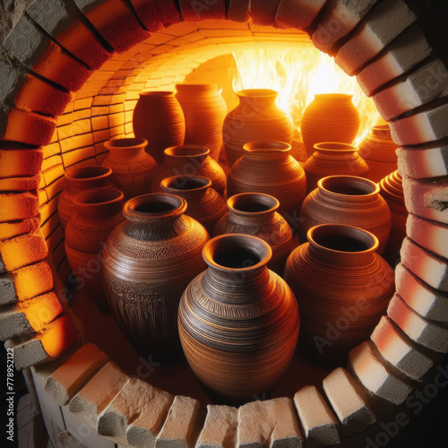 Freshly created pots placed in kiln for firing 