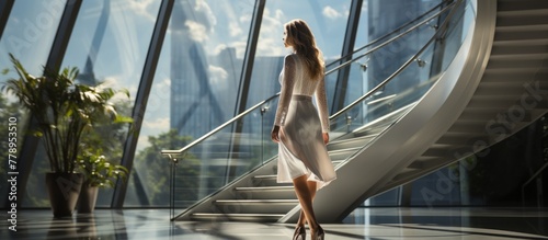Woman in heels walking up stairs in office building