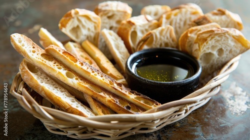 Ciabatta bread in a basket with olive oil on rustic background