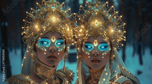 cinematic shot of two beautiful Asian women with glowing blue eyes and long hair in golden costumes wearing elaborate gold headdresses covered in jewels, fairy lights wrapped around their heads, snowy