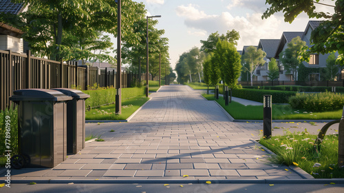 Tranquil suburban street with modern houses, a paved walkway, and lush greenery during golden hour, showcasing a serene residential area.