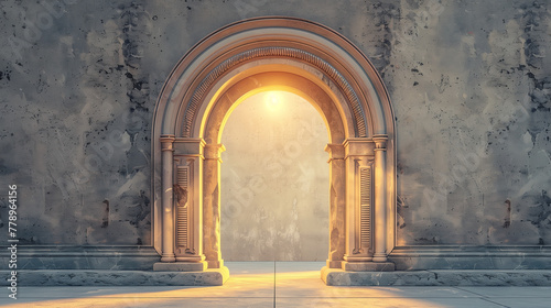 Vintage style arched doorway with intricate columns against a textured concrete wall, illuminated by a warm, ethereal light suggesting a portal or entrance to another realm.