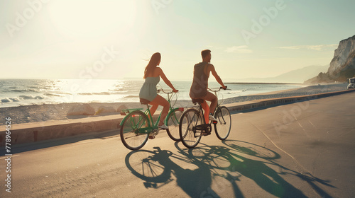 Silhouetted couple riding bicycles on a beach promenade at sunset, with warm golden light and long shadows, conveying a sense of leisure and active lifestyle.