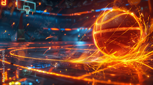 Dynamic basketball on fire with sparks on a professional court, reflecting on the shiny floor with scoreboard in the background, concept of action and power in sports.