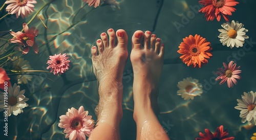 a person's feet in water with flowers floating around them