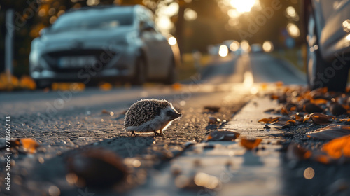 A lone hedgehog crosses a wet road strewn with autumn leaves at sunset, with the golden light casting long shadows, while cars are blurred in the background.