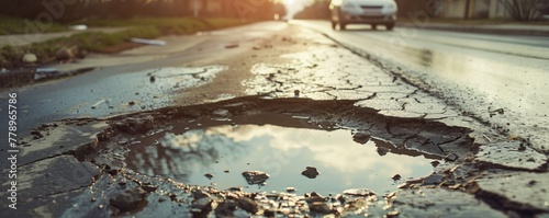 Old damaged asphalt pavement road with potholes in city 