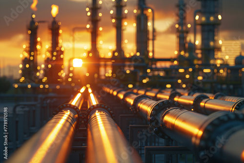 Sunset over industrial refinery with pipelines and distillation towers. Energy and petroleum industry at dusk with vibrant sky. Design for energy sector report, oil and gas brochure, industrial infras