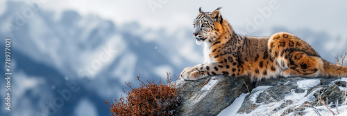 wild lynx on top of mountain in nature in snowy winter