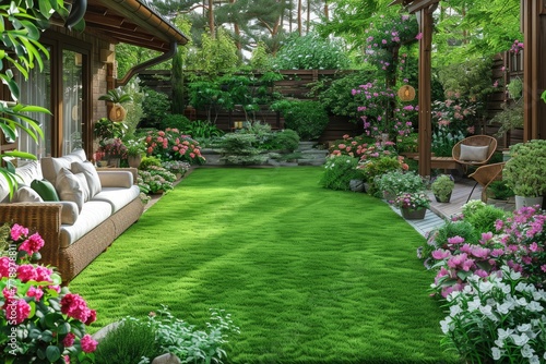 small modern patio garden with artificial grass and rattan furniture inspiration ideas