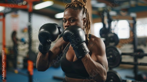 A female boxer training in the gym, portraying dedication and challenging traditional gender roles.