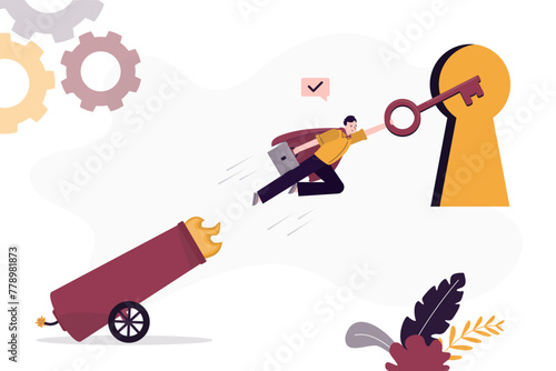 Firing from cannon and ambition businessman like hero flying in sky with key to keyhole. Overcoming obstacles, improvement skills. Self-development, boost your business.