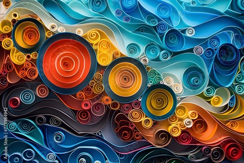 Vibrant abstract painting featuring colorful circles and waves. Generative AI