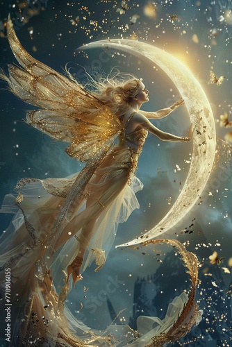 Create a 3D fairy tale book cover featuring a whimsical moon fairy with gossamer wings and golden attire