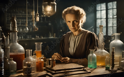 Marie Curie doing chemical experiments in her laboratory in the 1930s