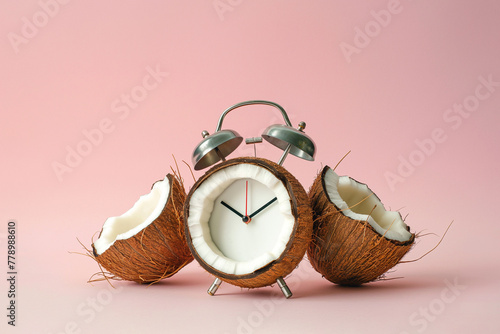 Alarm clock with half of a coconut instead clock face on pastel background. Creative minimalist concept, dieting tropical exotic healthy meal. Summertime, tropical vacation concept