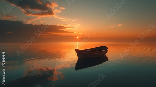 Tranquil Sunset at Sea - Lonely Boat on Calm Waters - Golden Hour Serenity