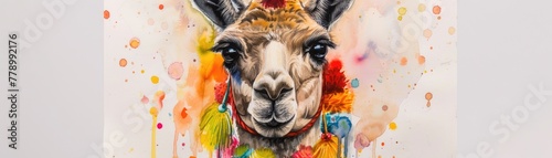 A watercolor painting of a llama adorned with colorful pom-poms and tassels