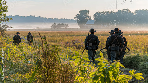 Reenactors in Civil War Uniforms March Through Misty Morning Fields