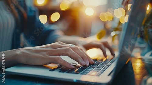 An image showing a woman typing on a laptop computer keyboard and browsing the internet at the desk, online, working, business, technology, and Internet communication.