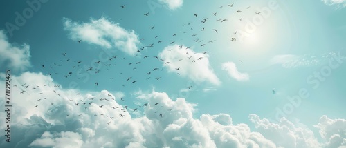 Cloudy sky with swarms of birds. Beautiful birds flying in the sky.