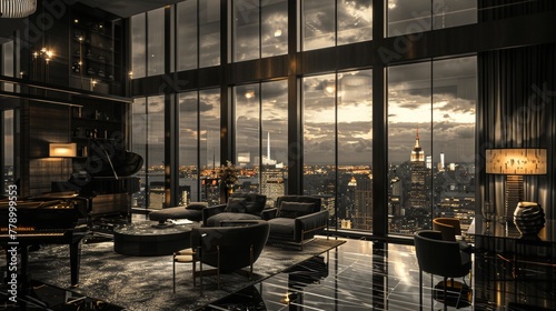 Luxurious new york penthouse with art deco interior, cityscape view at dusk, intricate furniture