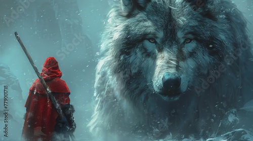 The man in the hood with spear faceing the giant winter wolf, digital art style, illustration painting