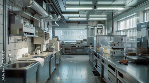 A bustling food quality control laboratory with testing equipment and sensory evaluation booths, momentarily still but ready to ensure the safety and quality of food products