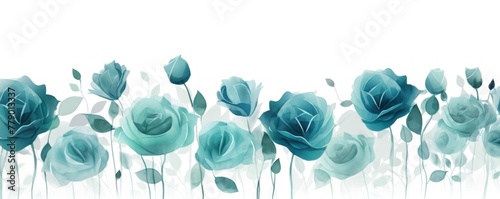 Teal roses watercolor clipart on white background, defined edges floral flower pattern background with copy space for design text or photo backdrop minimalistic 