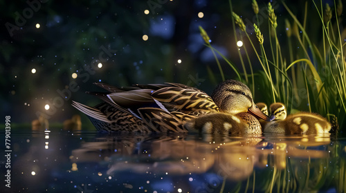 Duck and ducklings swimming on the water in the night.