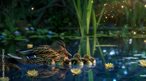 Duck with ducklings on the lake in the evening,3d render