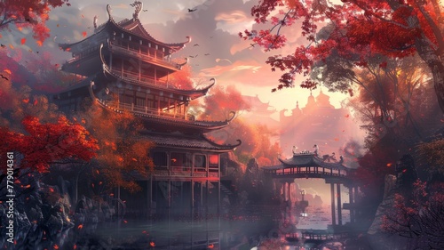 Autumnal traditional Chinese bridge and pagodas - A breathtaking view of traditional Chinese architecture with a bridge among vibrant autumnal trees in a tranquil setting