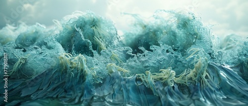 An abstract 3D illustration of a shirt transforming into seaweed and ice, blurring the lines between nature and manmade