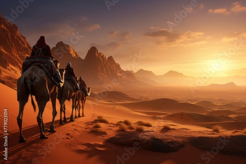 A caravan of camels with riders crosses the sultry desert, transporting goods on camels along a sand dune, nomadic life