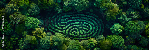 Aerial Top Down View of a Green Forest with Human Settlements, A labyrinth with a labyrinth of trees and a symbol of the labyrinth. 