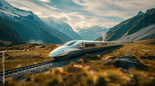 Futuristic white high-speed train moving through mountain landscape. Generative AI.