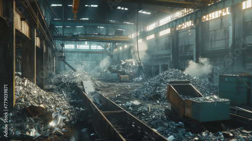 A bustling metal recycling facility with sorting lines and melting furnaces, momentarily still but ready to recycle metal waste into reusable materials