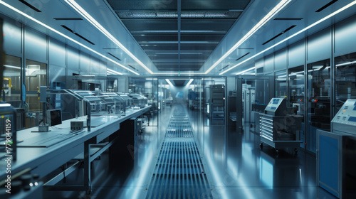 A state-of-the-art semiconductor fabrication facility with intricate machinery and cleanrooms, momentarily quiet but capable of producing advanced computer chips