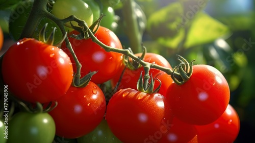 A photo of a close-up of fresh tomatoes on the vine.