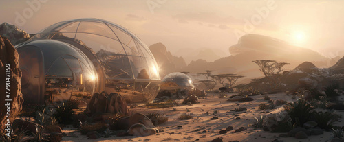 Realistic image of a space habitat dome, where Earth's ecosystems are recreated for study, under soft, ambient lighting