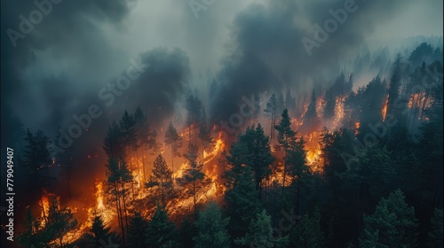 Forest fire. Aerial high view. Generative AI.