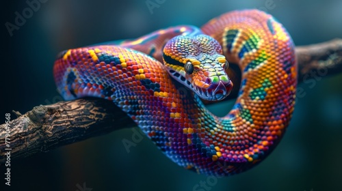 Rainbow boa constrictor coiled on branch with iridescent scales reflecting full spectrum colors