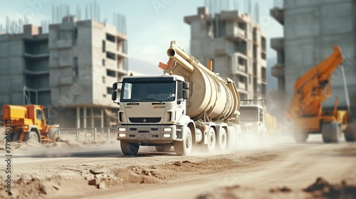 A photo of a construction site with a concrete mixer